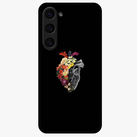 Heart With Flowers Glass Case showing flat back view with heart shaped floral artwork and glossy glass finish.