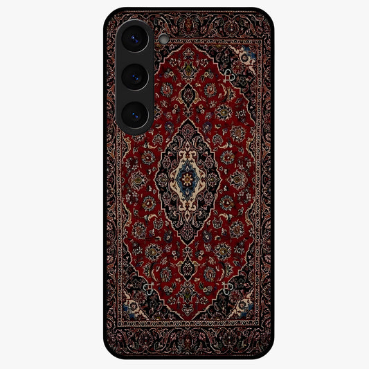Heritage Carpet Royale Glass Case showing flat back view with ornate Persian carpet inspired pattern and glossy glass finish.