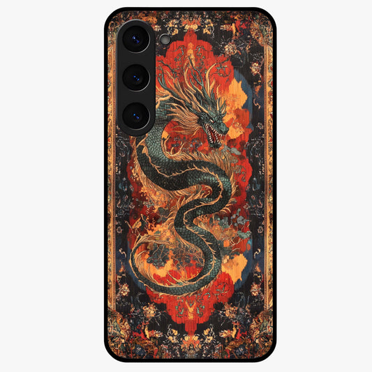 Inferno Dragon Soul Glass Case showing flat back view with fiery dragon artwork and glossy glass finish.