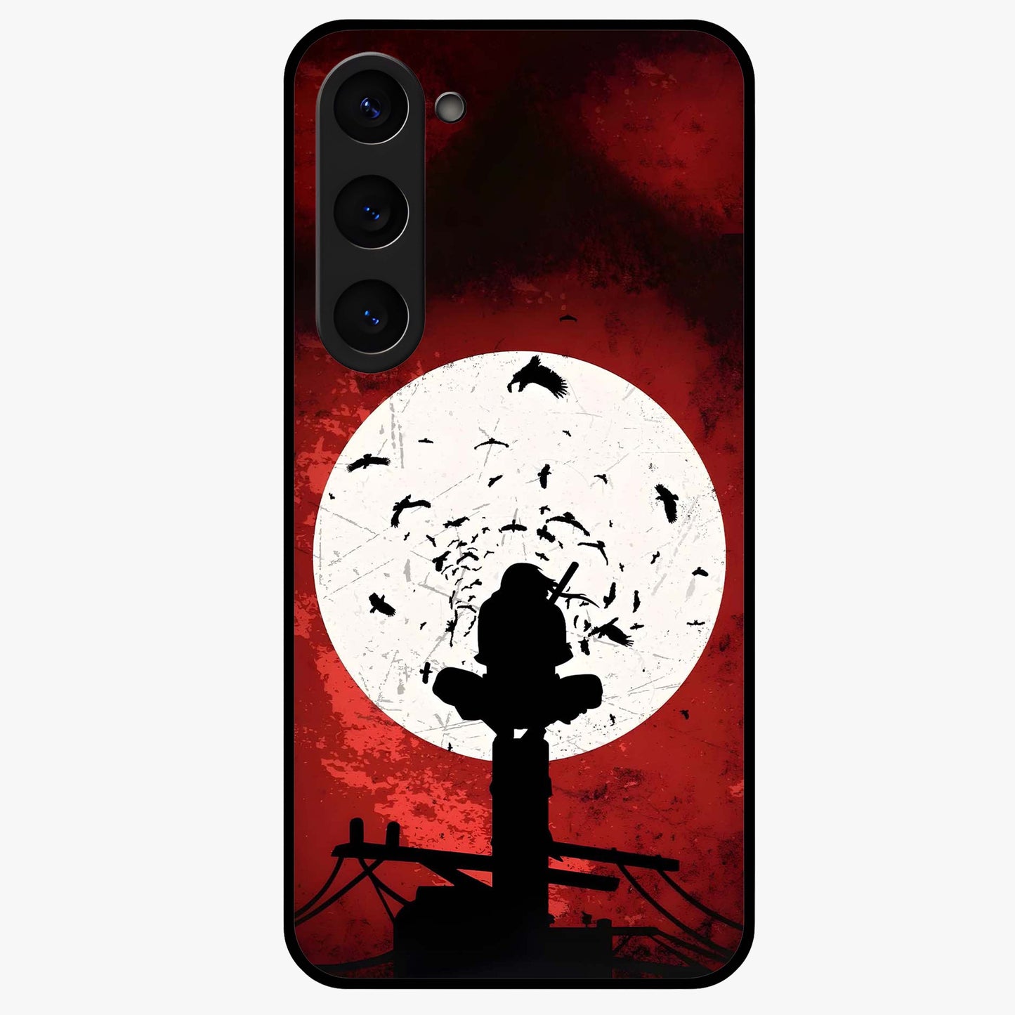 Itachi Sharingan Glass Case showing flat back view with powerful anime eye artwork and glossy glass finish.