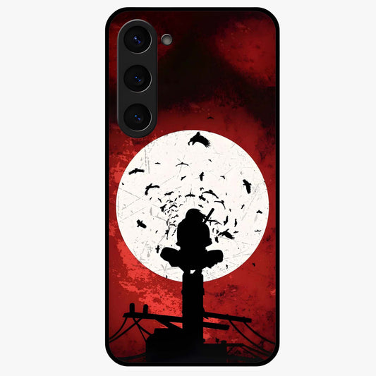 Itachi Sharingan Glass Case showing flat back view with powerful anime eye artwork and glossy glass finish.