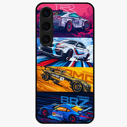JDM Sports Car Glass Case showing flat back view with high performance sports car artwork and glossy glass finish.