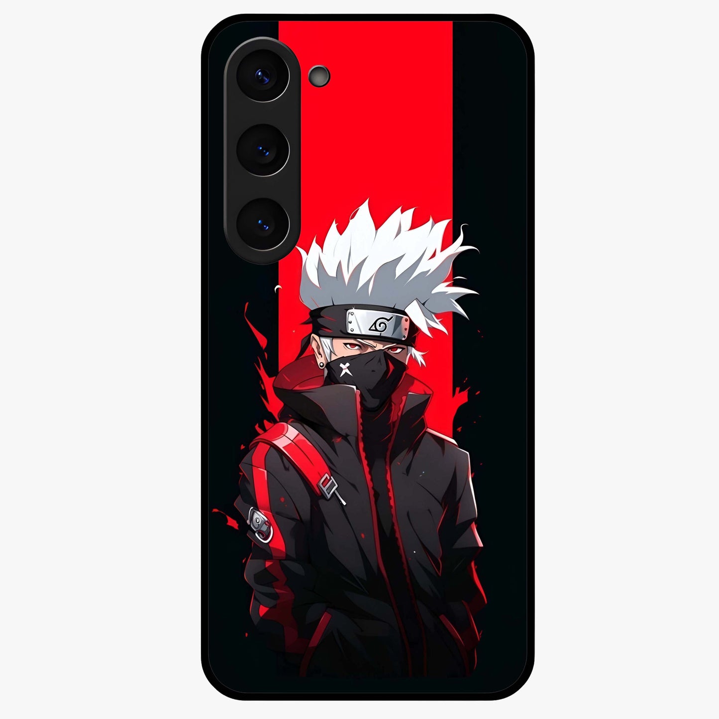 Kakashi Scarlet Shadow Glass Case showing flat back view with powerful anime ninja artwork and glossy glass finish.