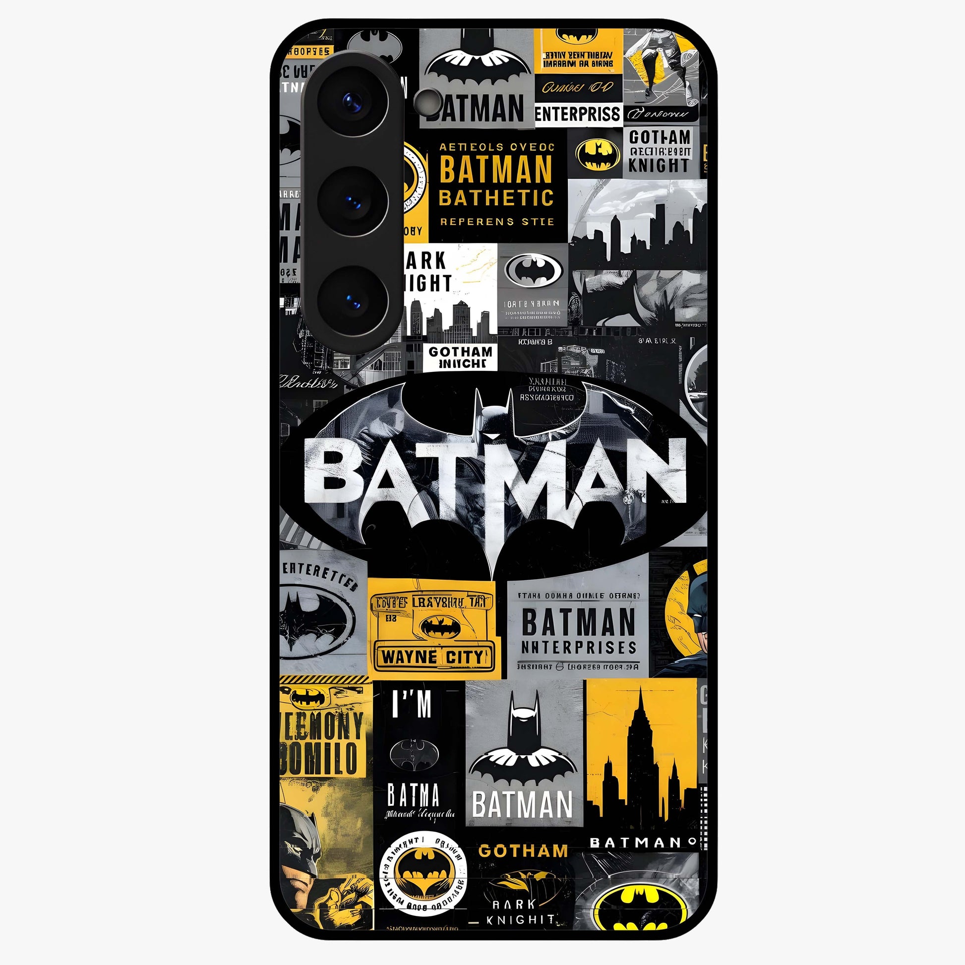 Knight Gotham Rise Glass Case showing flat back view with dark hero inspired artwork and glossy glass finish.