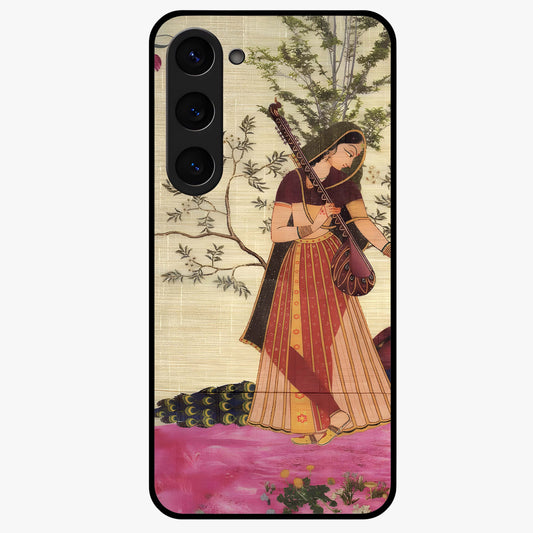 Lady With Veena Art Glass Case showing flat back view with elegant woman playing veena artwork and glossy glass finish.