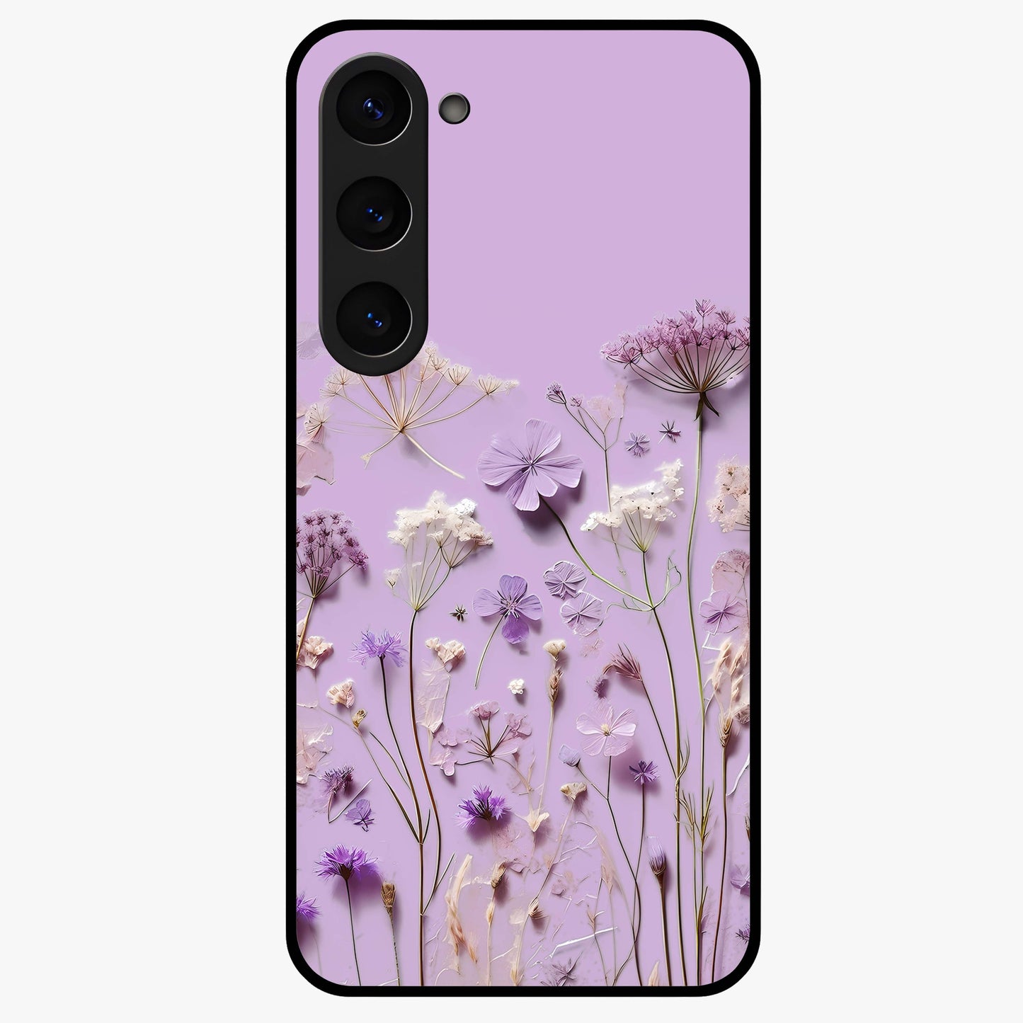 Lavender Blossom Dream Glass Case showing flat back view with soft lavender floral artwork and glossy glass finish.