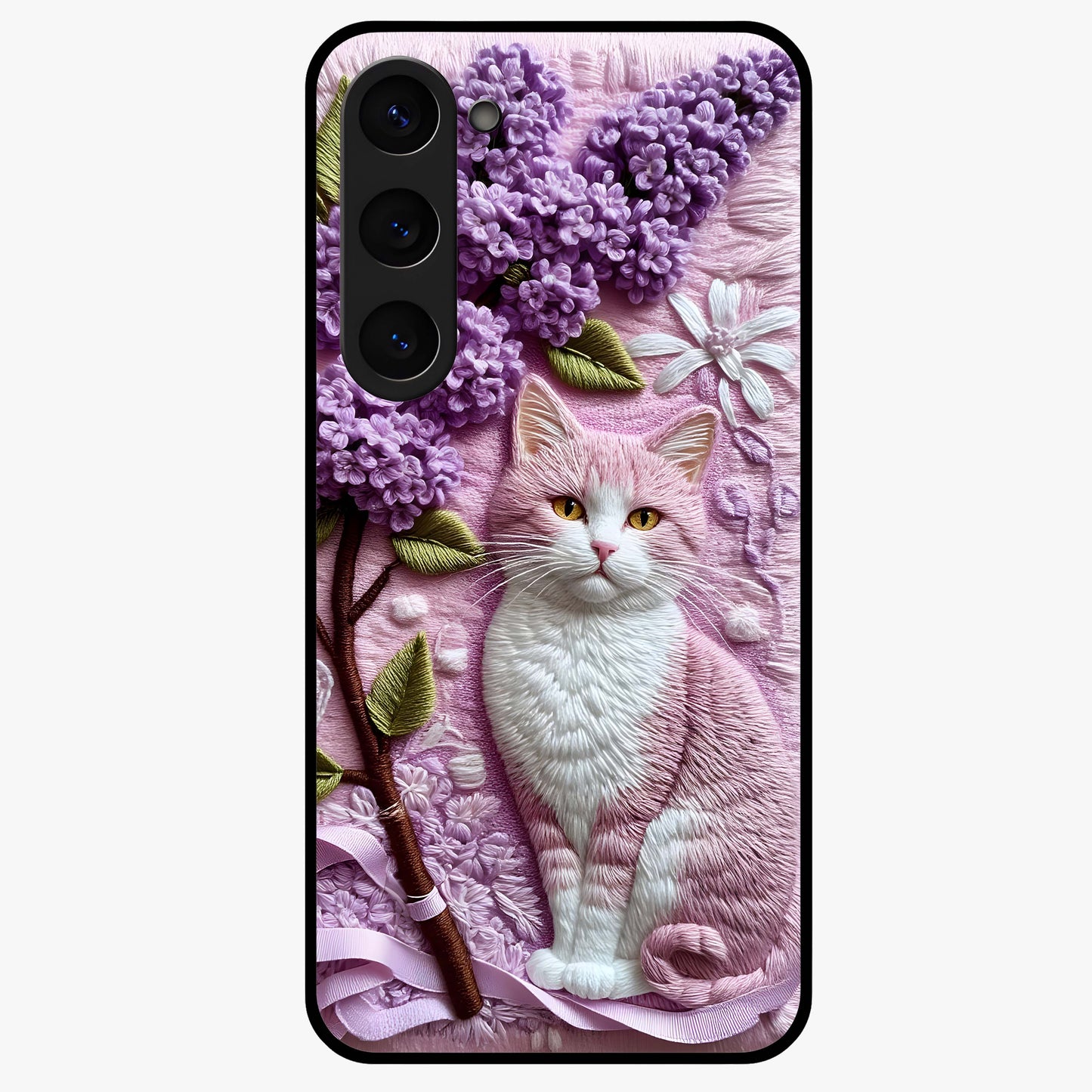 Lavender Cat Whimsy Glass Case showing flat back view with cute lavender cat artwork and glossy glass finish.
