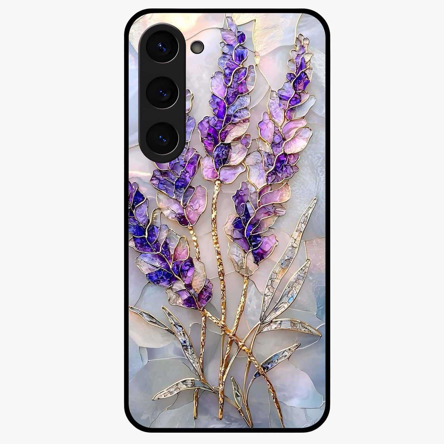 Lavender Dream Glow Glass Case showing flat back view with glowing lavender aesthetic artwork and glossy glass finish.