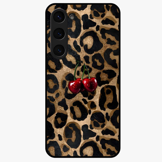 Leopard Wild Cherry Glass Case showing flat back view with leopard pattern and cherry artwork and glossy glass finish.