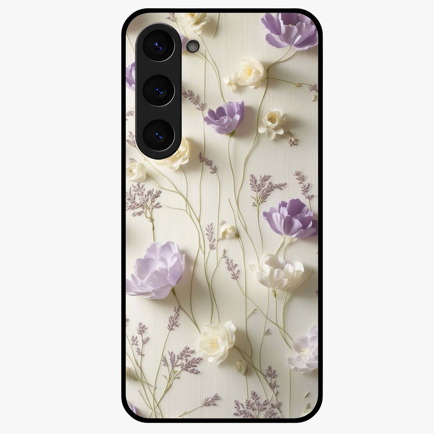 Lilac Breeze Harmony Glass Case showing flat back view with soft lilac themed artwork and glossy glass finish.