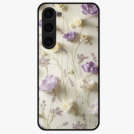 Lilac Breeze Harmony Glass Case showing flat back view with soft lilac themed artwork and glossy glass finish.
