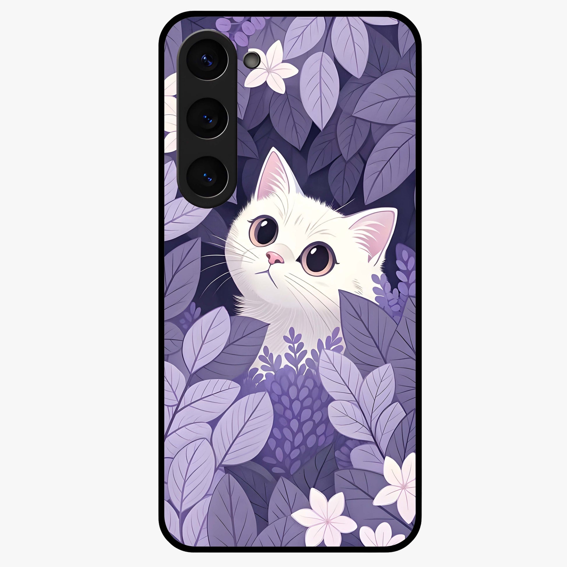 Lilac Hide Peek Cat Glass Case showing flat back view with cute peeking cat artwork and glossy glass finish.