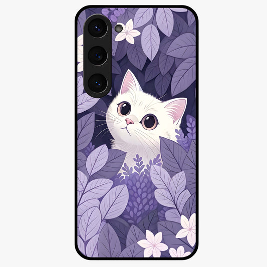 Lilac Hide Peek Cat Glass Case showing flat back view with cute peeking cat artwork and glossy glass finish.
