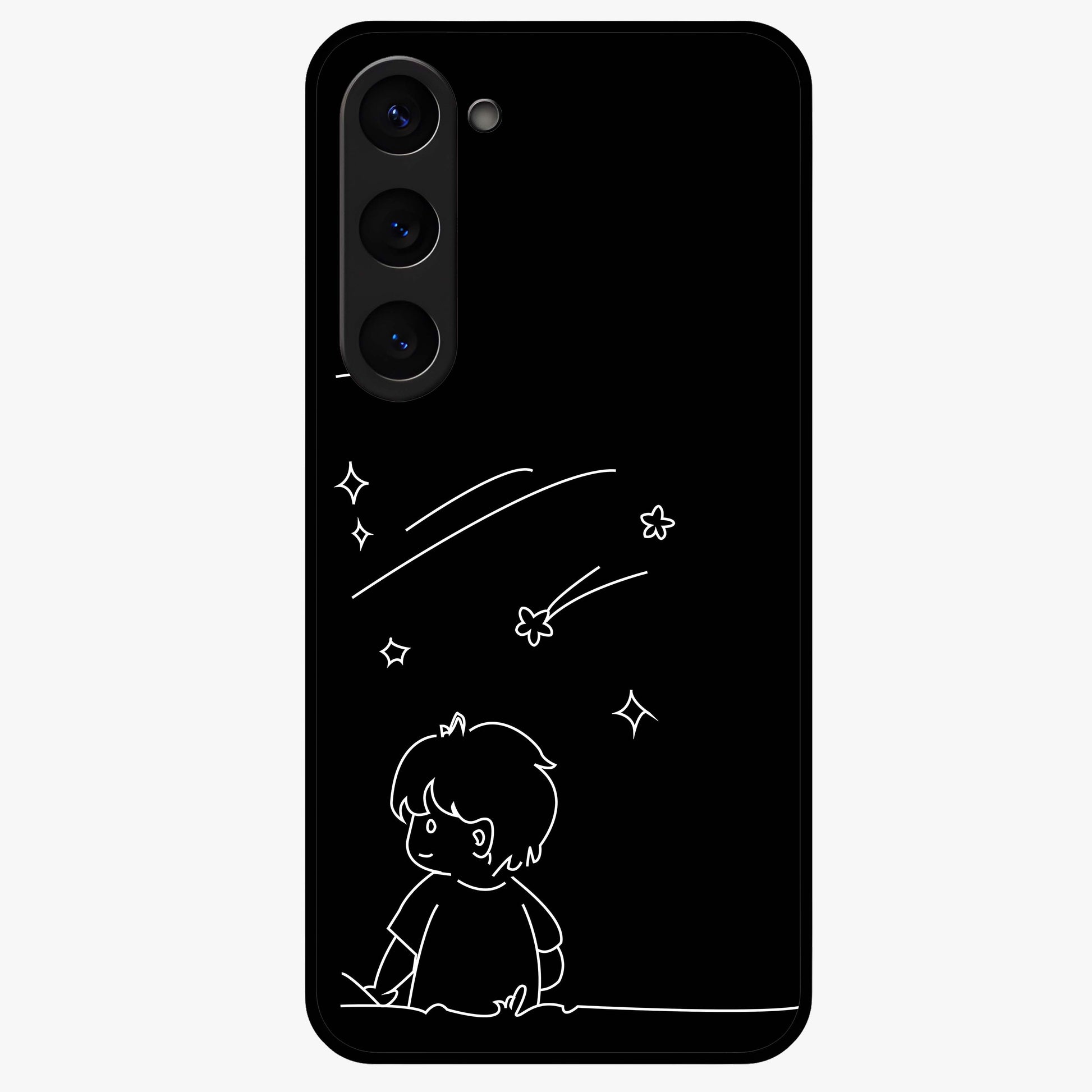 Line Art Boy With Shooting Stars Glass Case showing flat back view with minimal line art boy and shooting stars illustration and glossy glass finish.