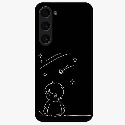Line Art Boy With Shooting Stars Glass Case showing flat back view with minimal line art boy and shooting stars illustration and glossy glass finish.