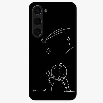 Line Art Girl With Shooting Stars Glass Case showing flat back view with minimal line art girl and shooting stars illustration and glossy glass finish.