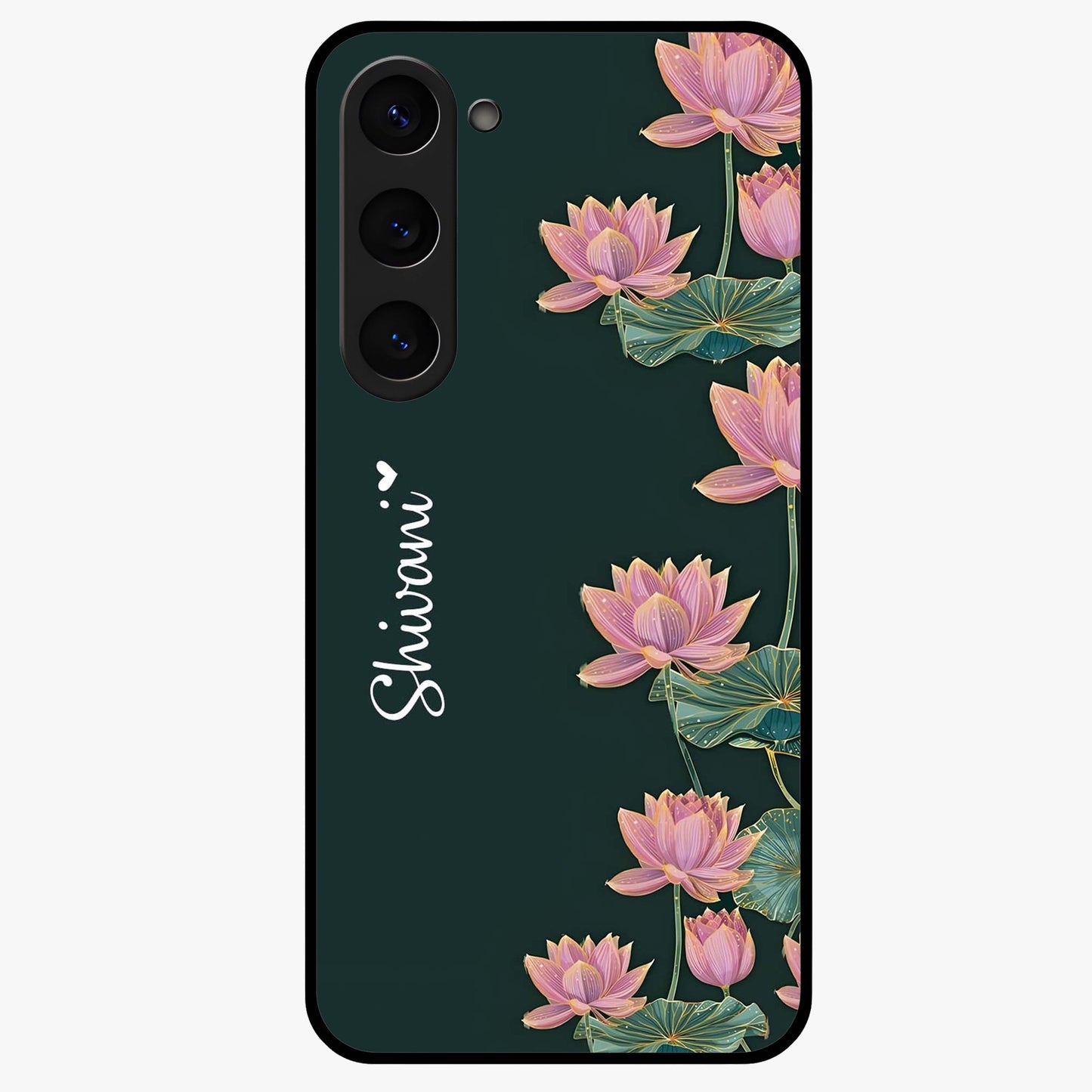 Lotus Bloom Serenity Custom Name Glass Case showing flat back view with elegant lotus flower artwork and personalized name design.