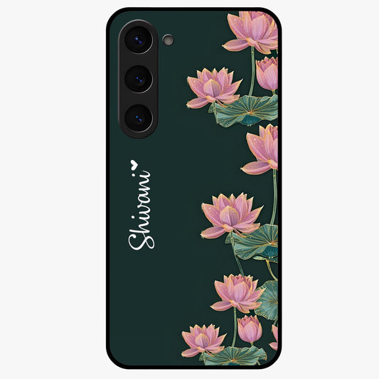 Lotus Bloom Serenity Custom Name Glass Case showing flat back view with elegant lotus flower artwork and personalized name design.