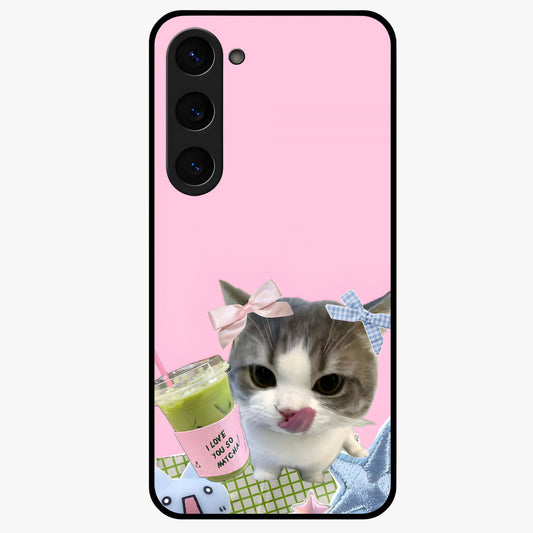 Love Matcha Cat Glass Case showing flat back view with cute cat and matcha themed artwork and glossy glass finish.