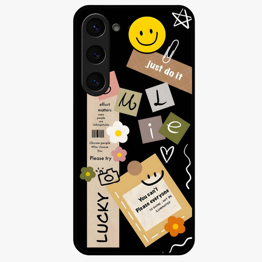 Lucky Aesthetic Collage Glass Case showing flat back view with trendy aesthetic collage artwork and glossy glass finish.