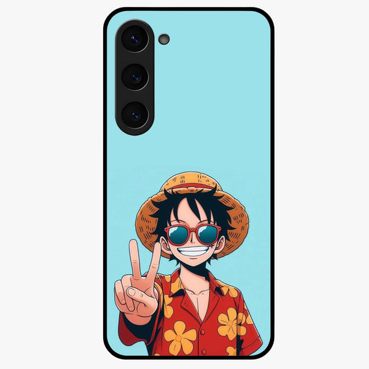 Luffy Summer Anime Vibe Glass Case showing flat back view with vibrant anime character artwork and glossy glass finish.