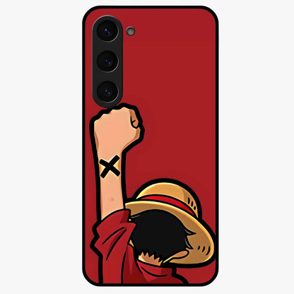Luffy X Spirit Glass Case showing flat back view with bold anime character artwork and glossy glass finish.