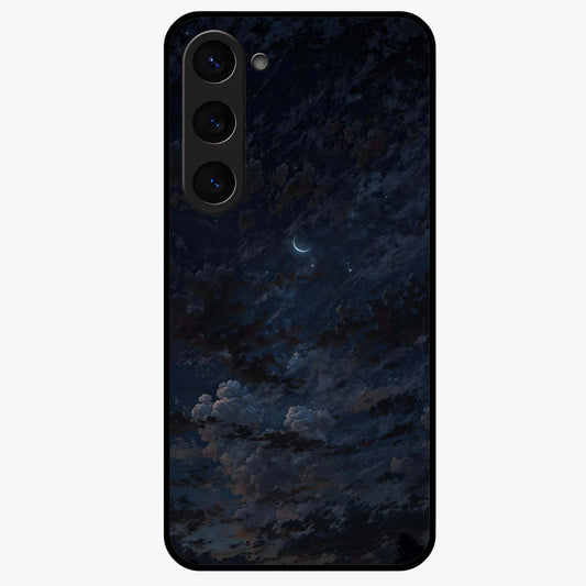 Lunar Veil Silence Glass Case showing flat back view with mystical moon veil artwork and glossy glass finish.