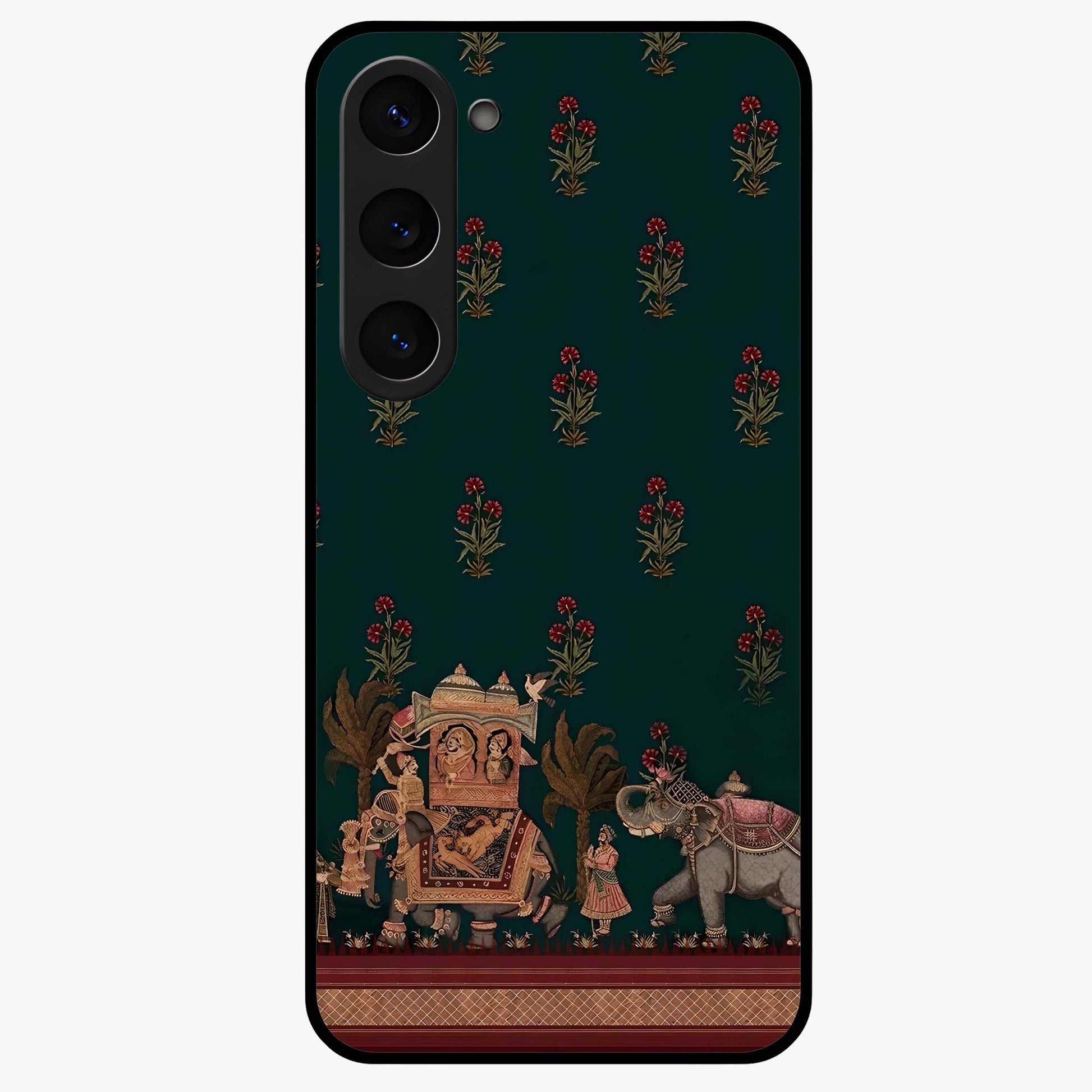 Macmerise Glass Case showing flat back view with stylish modern artwork and glossy glass finish.