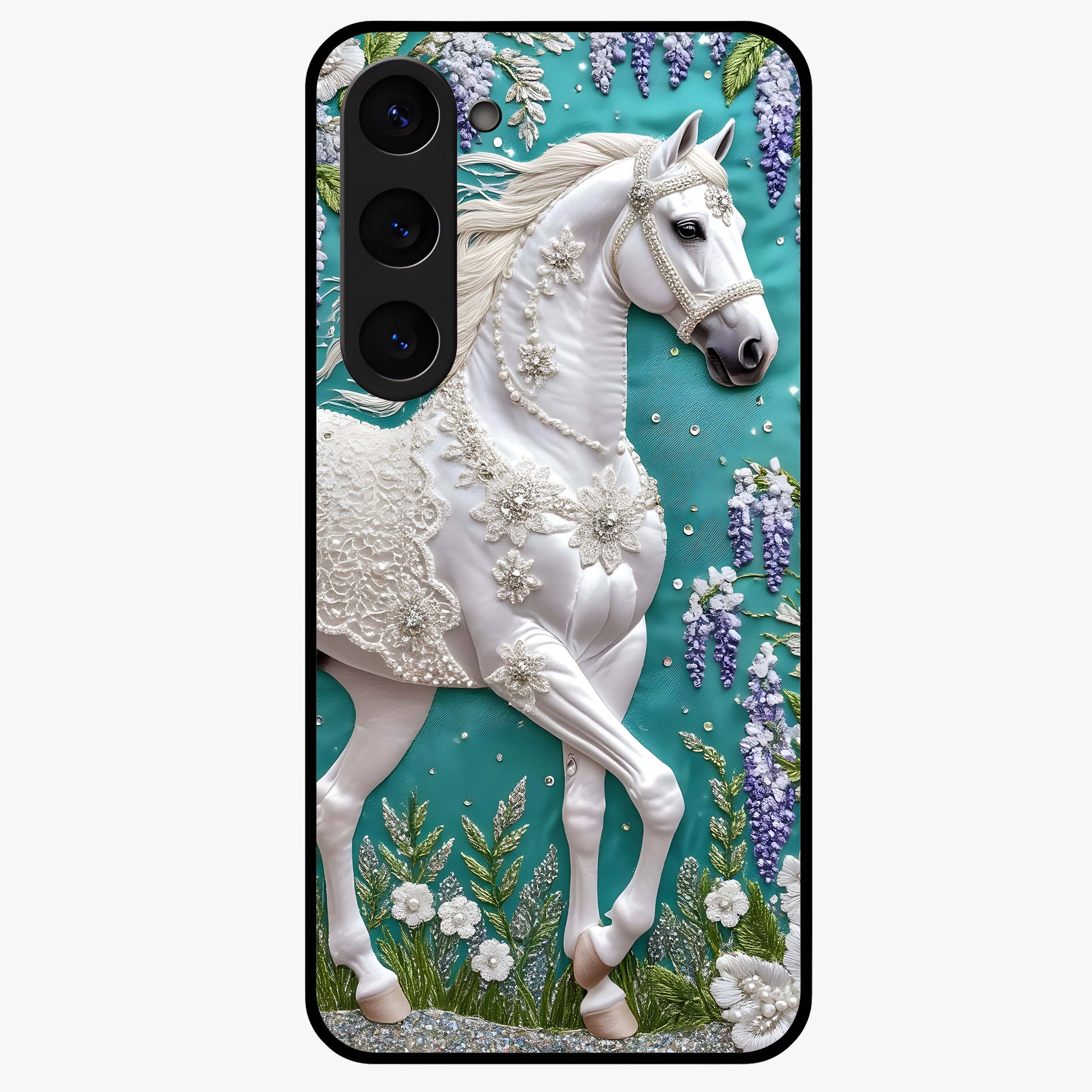 Majestic Floral Stallion Glass Case showing flat back view with powerful horse and floral artwork and glossy glass finish.