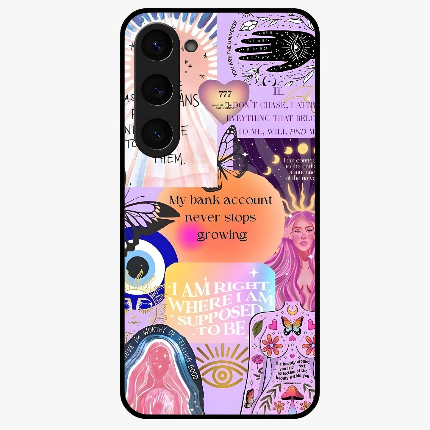 Manifestation Collage Glass Case showing flat back view with motivational collage artwork and glossy glass finish.