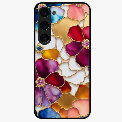 Marble Flower Pattern Glass Case showing flat back view with marble texture floral artwork and glossy glass finish.