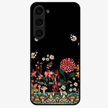 Midnight Bloom Pattern Glass Case showing flat back view with dark floral pattern artwork and glossy glass finish.