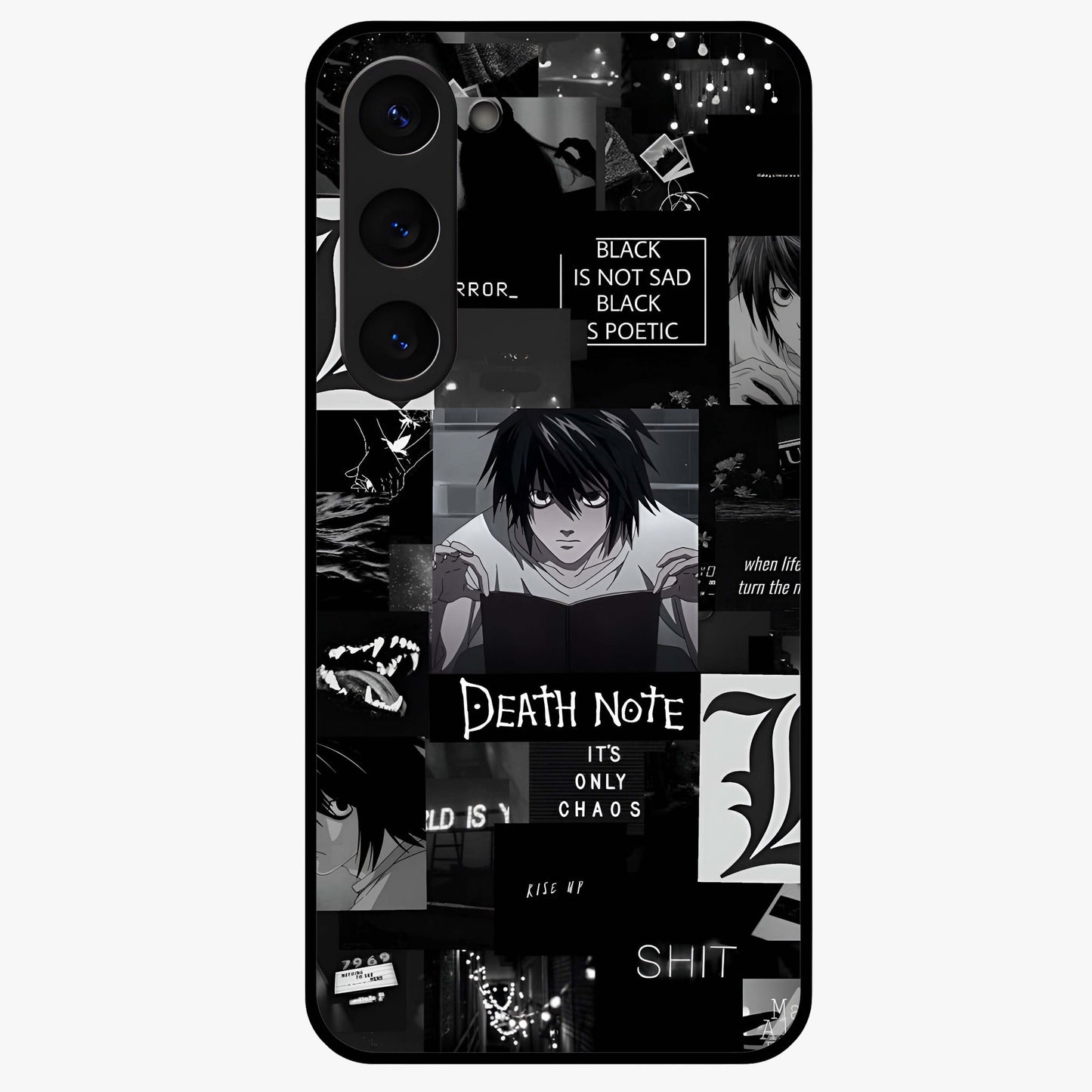 Midnight Chaos Mind Glass Case showing flat back view with abstract dark themed artwork and glossy glass finish.