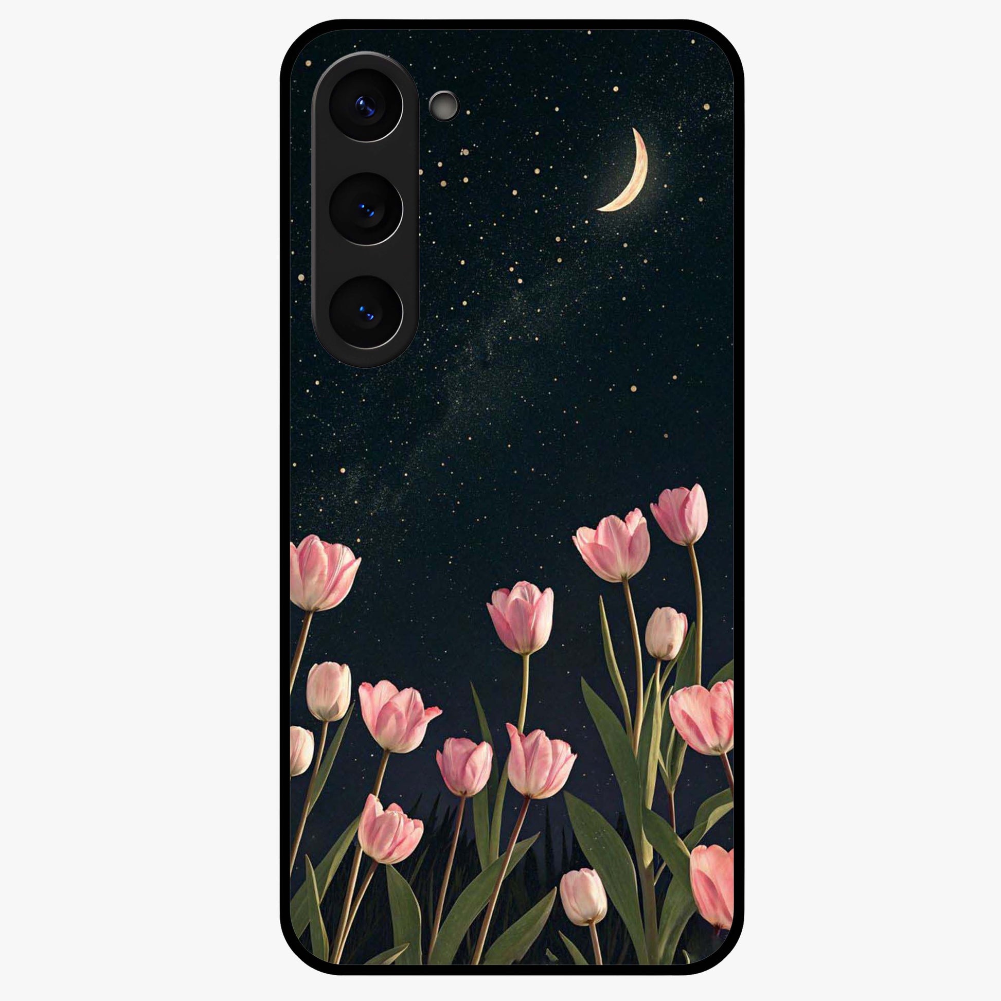Midnight Tulip Whispers Vibe Glass Case showing flat back view with elegant tulip flower artwork and glossy glass finish.
