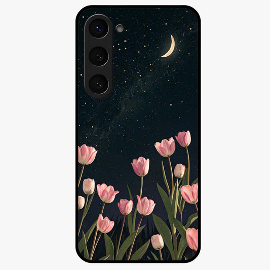 Midnight Tulip Whispers Vibe Glass Case showing flat back view with elegant tulip flower artwork and glossy glass finish.