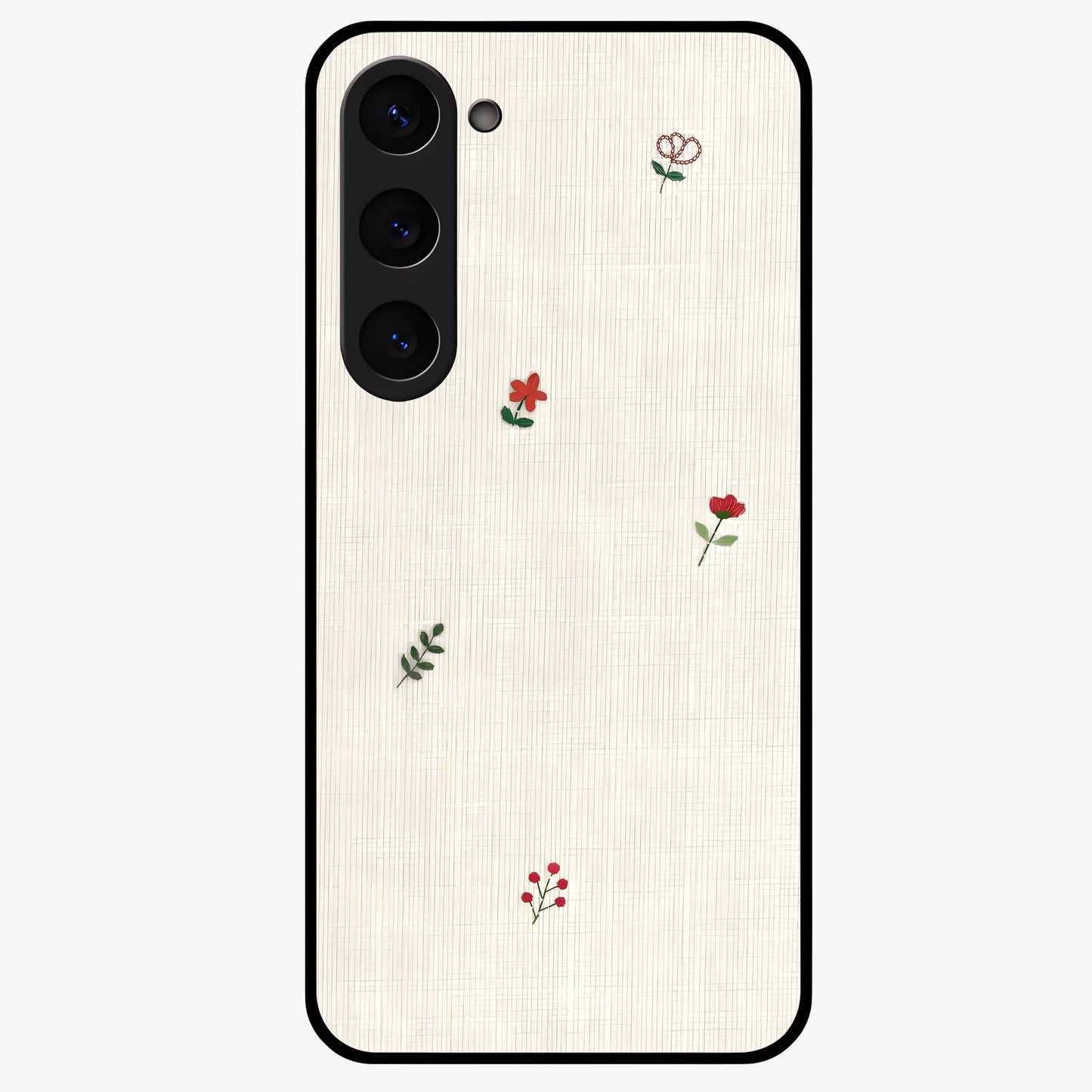 Minimal Petal Whispers Glass Case showing flat back view with soft minimal floral artwork and glossy glass finish.