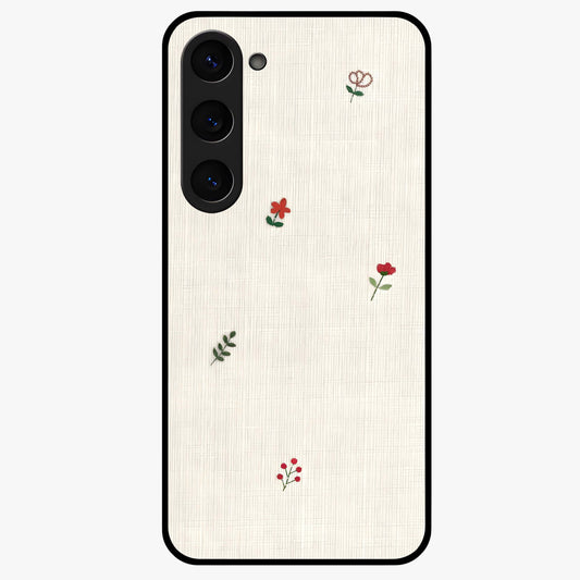 Minimal Petal Whispers Glass Case showing flat back view with soft minimal floral artwork and glossy glass finish.