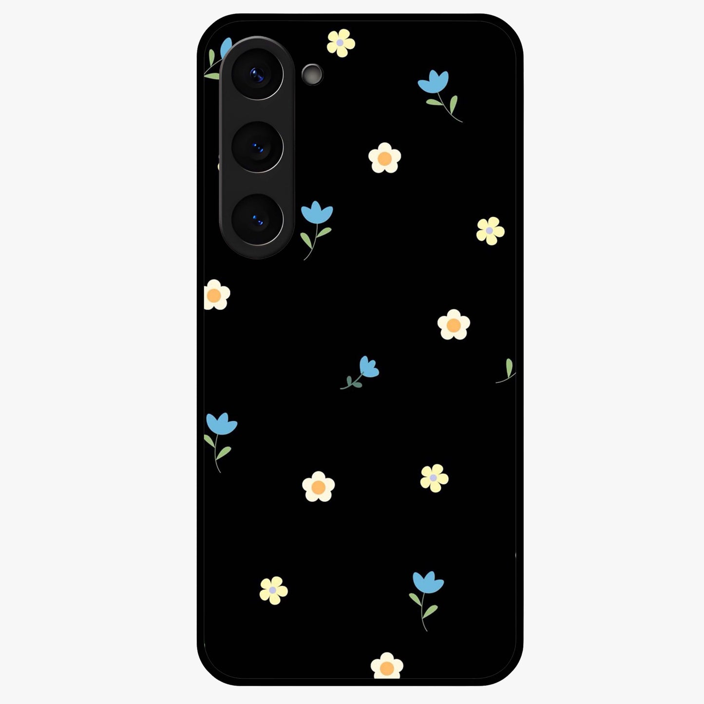 Minimalistic Blue With White Flower Pattern Glass Case showing flat back view with blue background and white flower pattern and glossy glass finish.