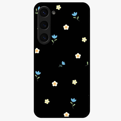 Minimalistic Blue With White Flower Pattern Glass Case showing flat back view with blue background and white flower pattern and glossy glass finish.