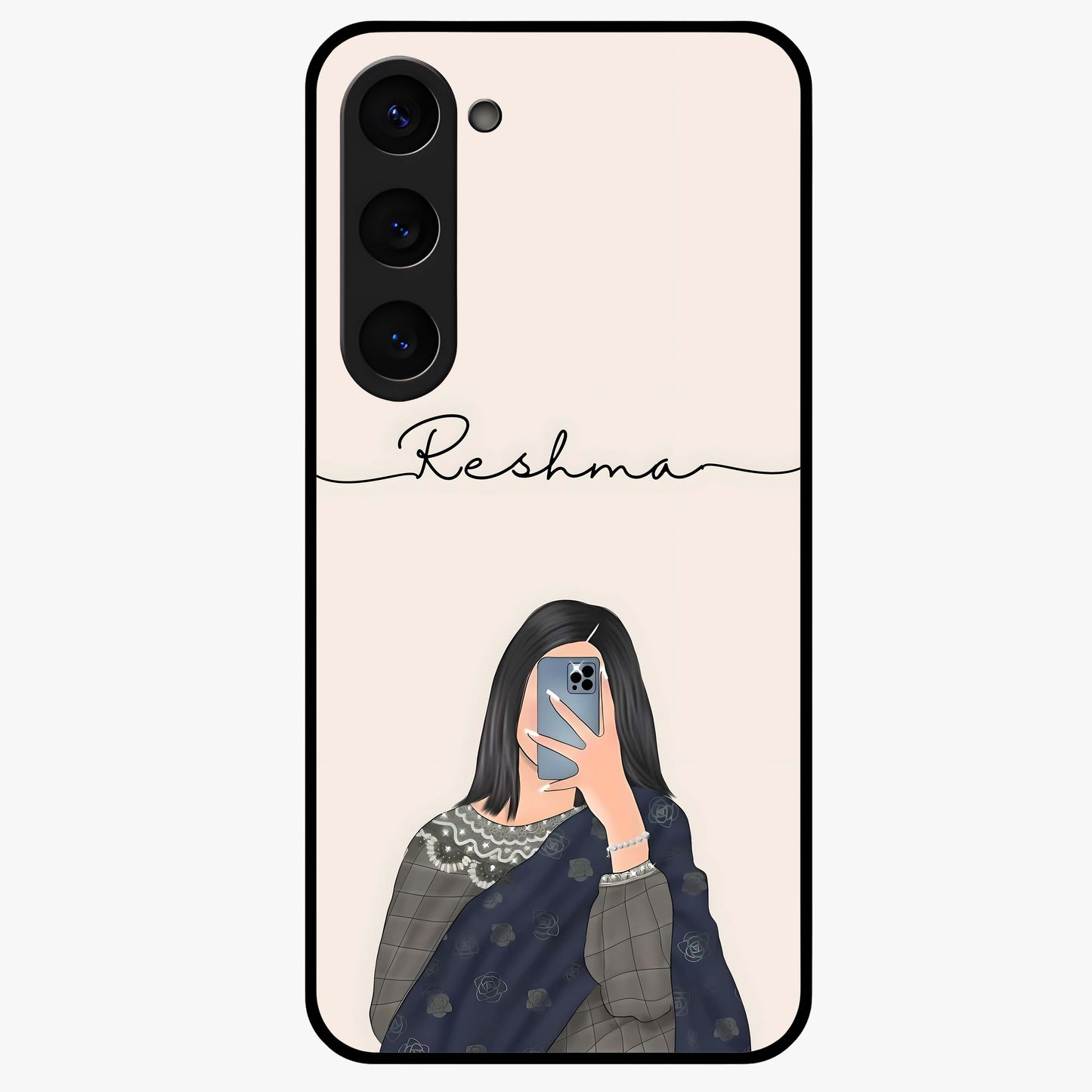 Mirror Mood Muse With Custom Name Glass Case showing flat back view with stylish mirrored artwork and personalized name design.