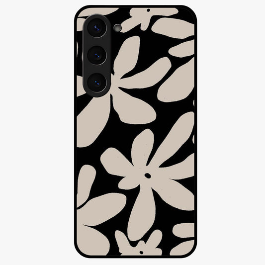 Monochrome Petal Dance Glass Case showing flat back view with monochrome floral artwork and glossy glass finish.