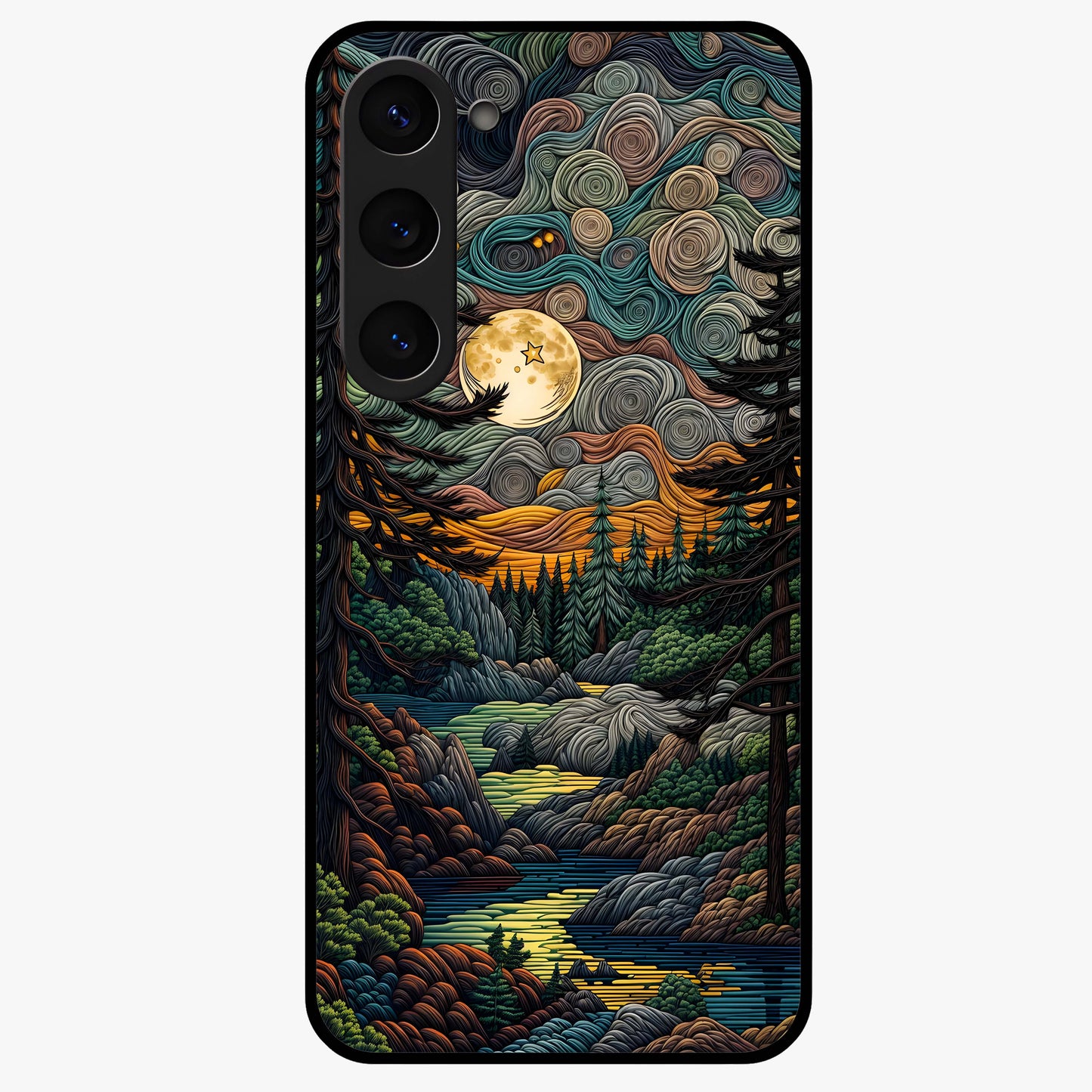 Moonlight Forest Dream Glass Case showing flat back view with mystical forest moonlight artwork and glossy glass finish.