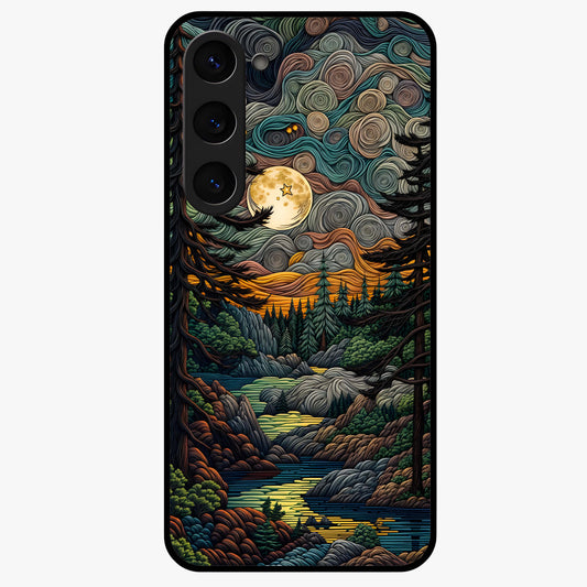 Moonlight Forest Dream Glass Case showing flat back view with mystical forest moonlight artwork and glossy glass finish.