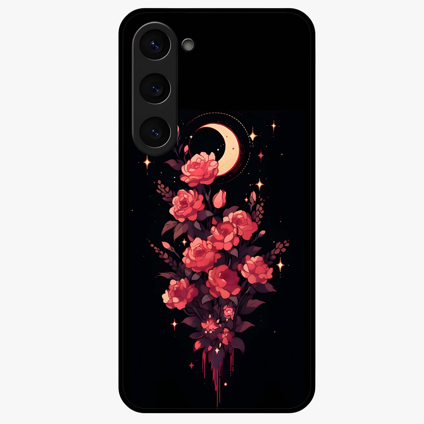 Moonlit Floral Elegance Glass Case showing flat back view with elegant floral artwork under moonlit tones and glossy glass finish.