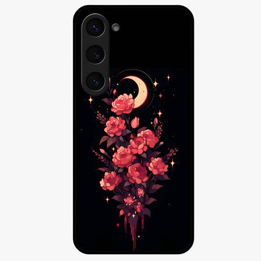 Moonlit Floral Elegance Glass Case showing flat back view with elegant floral artwork under moonlit tones and glossy glass finish.