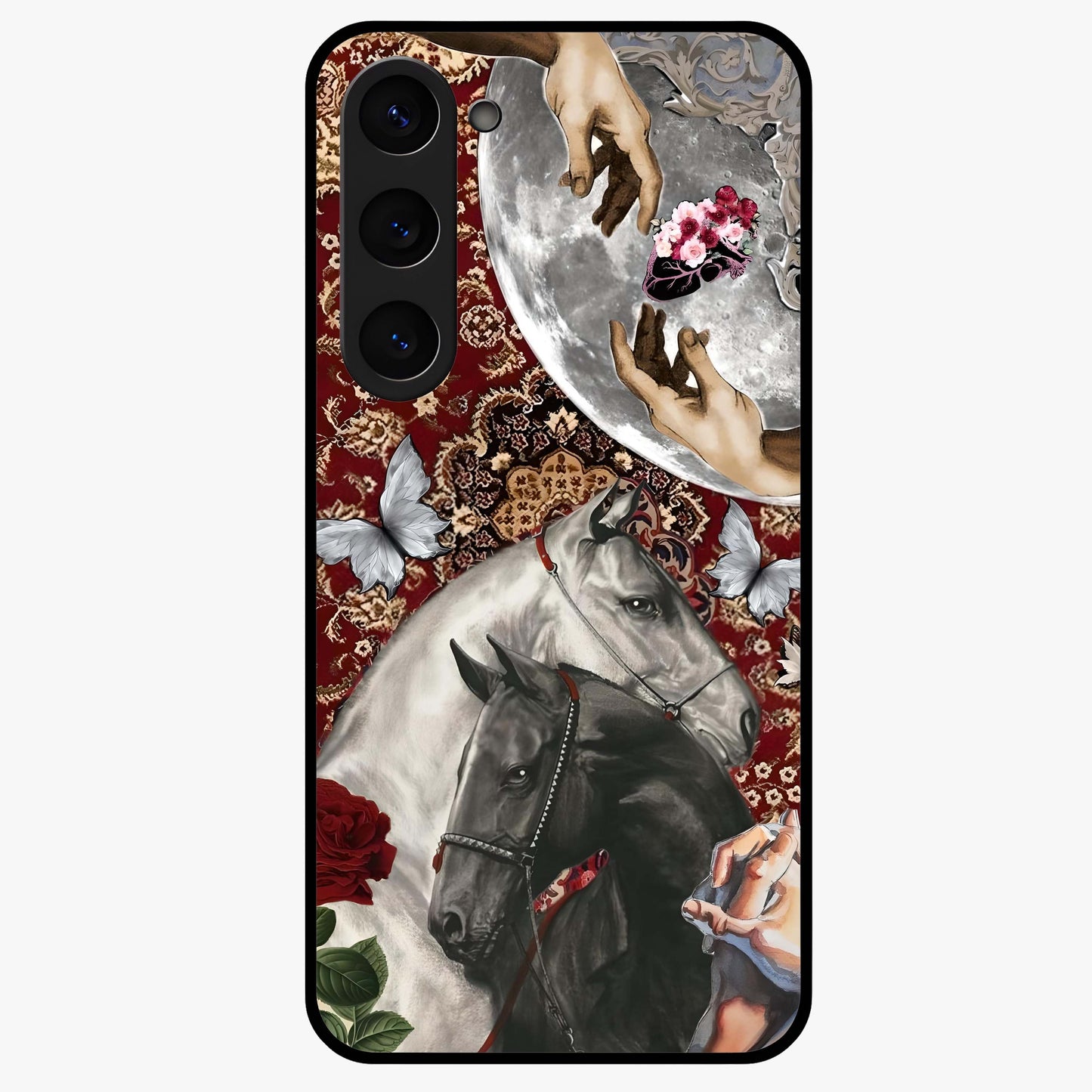 Moonlit Royal Stallion Glass Case showing flat back view with majestic horse under moonlight artwork and glossy glass finish.