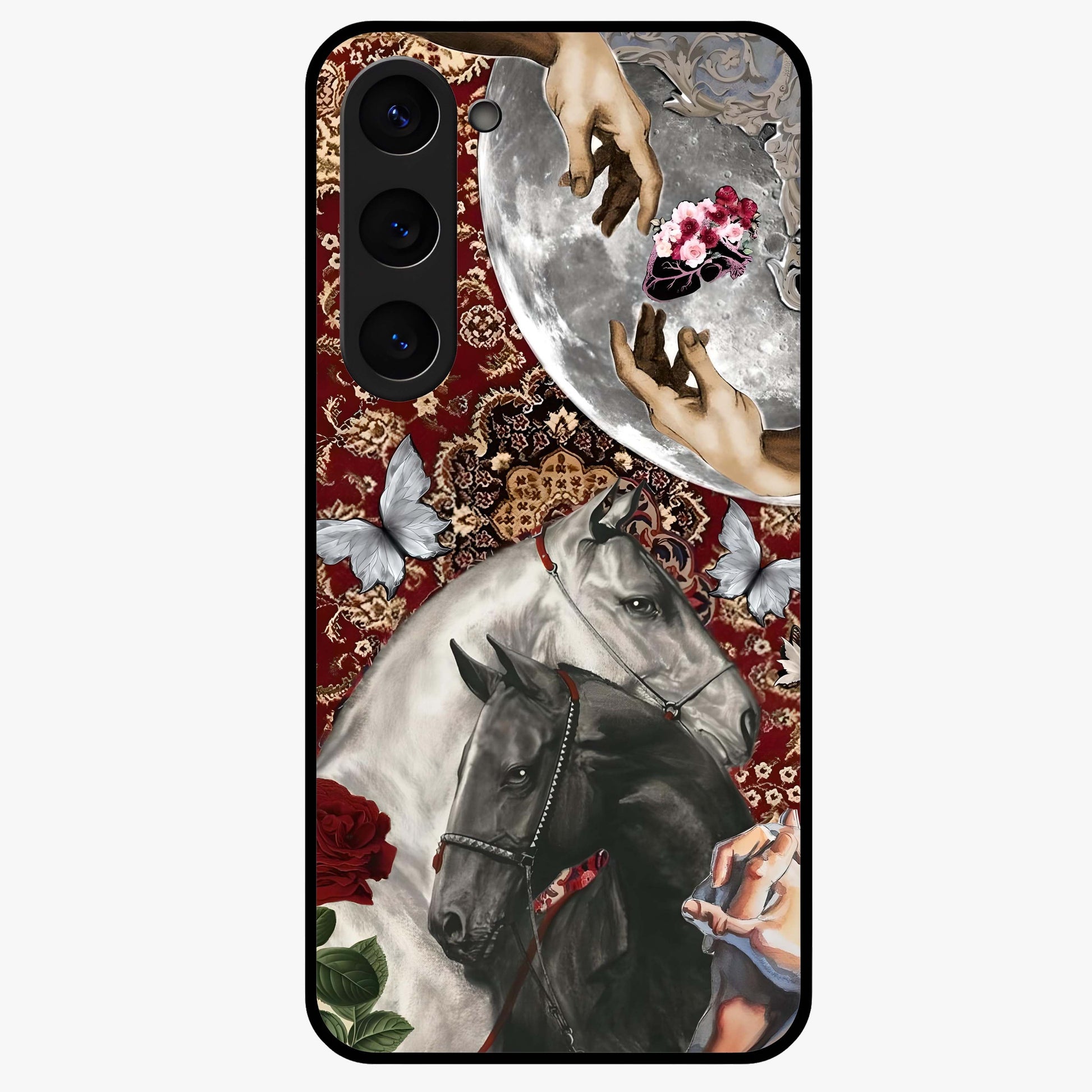 Moonlit Royal Stallion Glass Case showing flat back view with majestic horse under moonlight artwork and glossy glass finish.