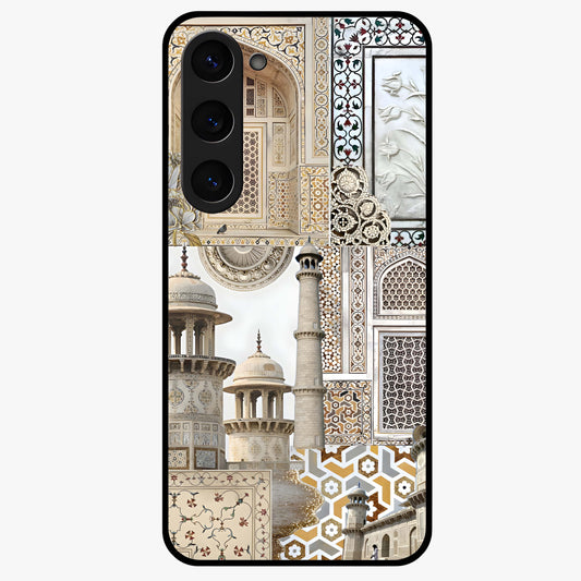 Mughal Marble Legacy Glass Case showing flat back view with intricate Mughal inspired marble pattern and glossy glass finish.