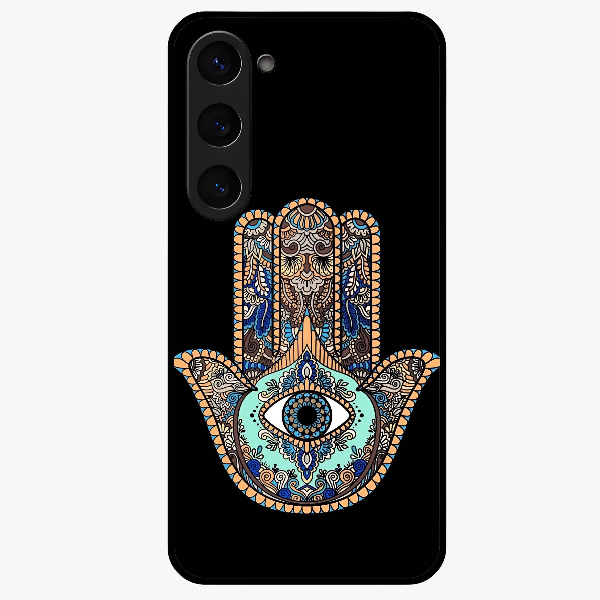 Mystic Hamsa Eye Glass Case showing flat back view with protective hamsa hand and evil eye artwork and glossy glass finish.