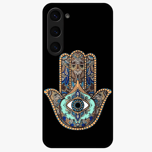 Mystic Hamsa Eye Glass Case showing flat back view with protective hamsa hand and evil eye artwork and glossy glass finish.
